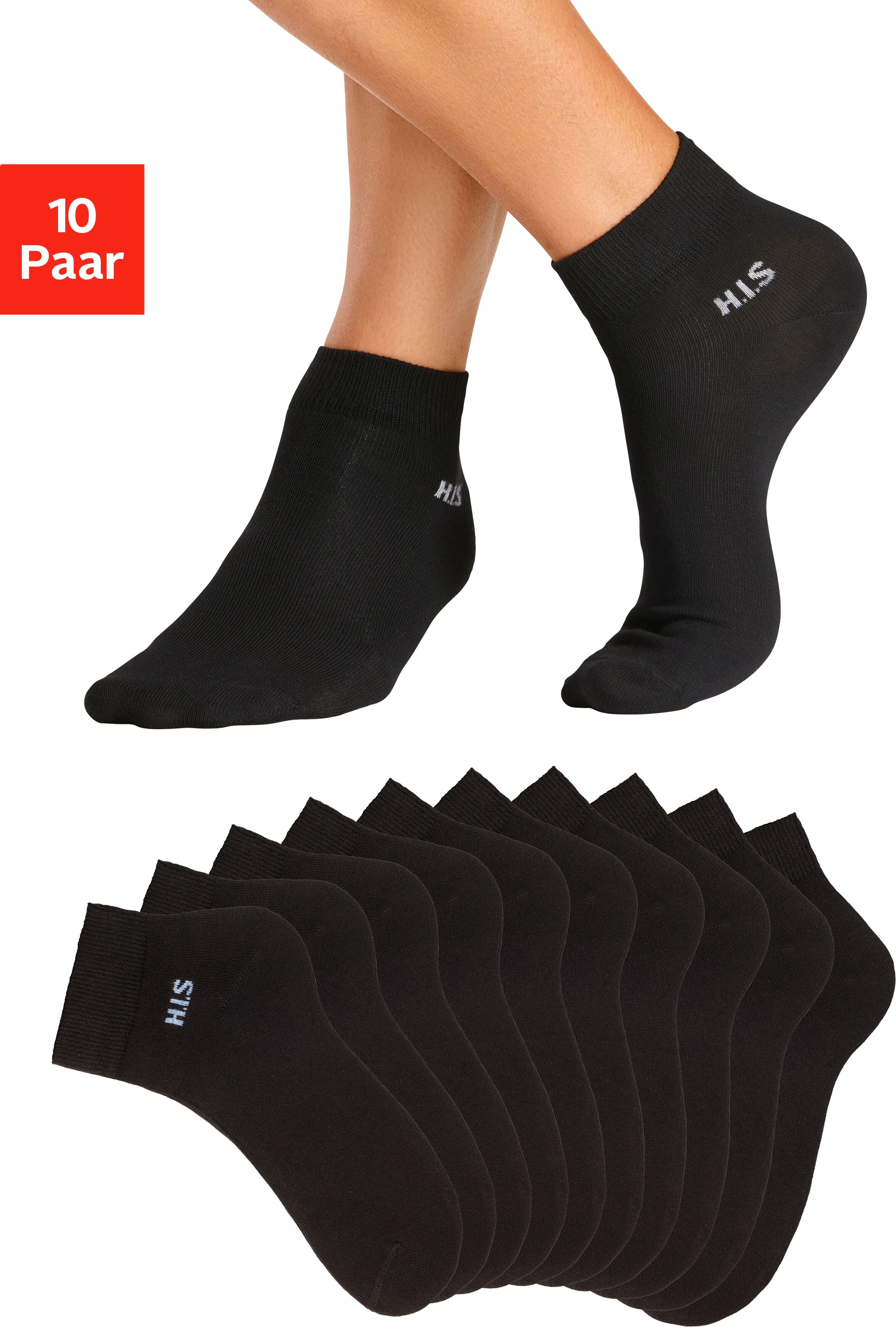 Kurzsocken H.I.S "Kurzschaft Socken Herren, zum einfachen Sortieren", Herren, Gr. 39-42, schwarz (10x schwarz), Baumwollmischung, unifarben, elastisch, Socken Kurzsocken, mit farbigem Innenbund, Topseller