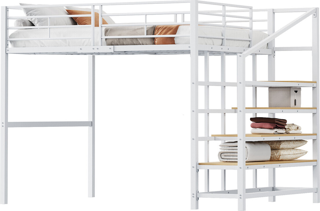 Hochbett 140 x 200 Stabile Metallkonstruktion mit geräumigem Stauraum unter dem Bett und Treppe,Stauraumbett für maximale Platzeffizienz