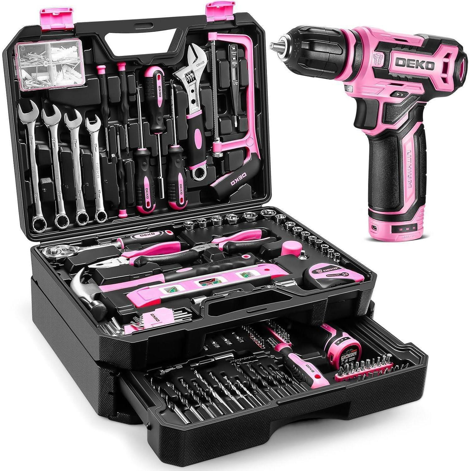 DEKO Accuboormachine-gereedschapset 12V, roze, 238-delig met accu en gereedschapskoffer