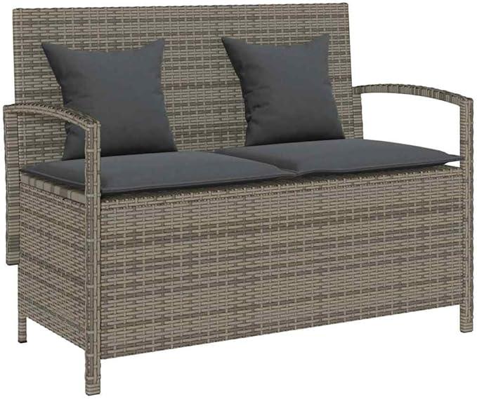 Gartenbank mit Stauraum und Kissen Grau Poly Rattan wetterfeste Sitzbank für Terrasse Balkon und Garten mit gepolstertem Sitz und Rückenlehne, langlebig, UV-beständig, wasserfest
