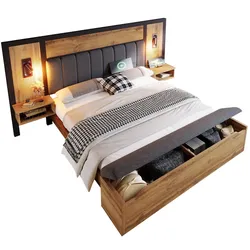 OKWISH Doppelbett mit LED-Leuchten 160x200 cm - Stilvolles Design und vielseitige Funktionen mit Stauraum und USB-Ladeanschlüssen Eiche