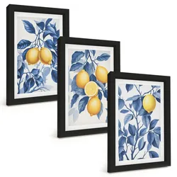 BILDER SET 3er Set - 20x30 cm Schwarzer Rahmen - Zitronenzweige mit blauen Blättern