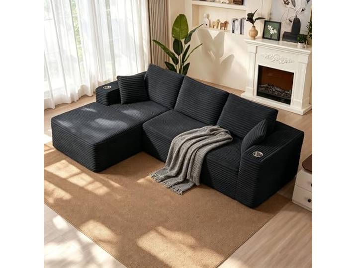 Quantaglide Ecksofa 103 /261cm Modulares Sofa, 3-Sitzer Boneless Cloud Couch L-förmiges Schlafsofa mit Chaiselongue, Tiefes Sitzsofa für Wohnzimmer Schlafzimmer, Keine Montage Erforderlich, Schwarz