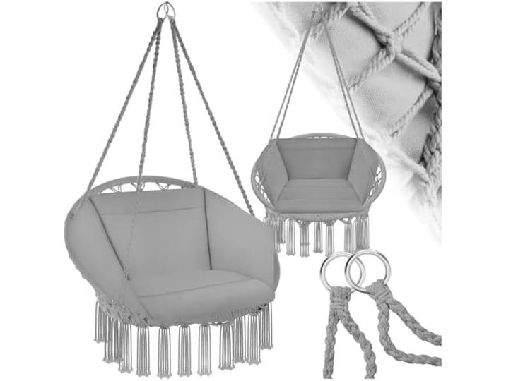 tectake 800708 Hängesessel zum Aufhängen, Indoor und Outdoor, Ø Sitzfläche: ca. 60 cm, robuste Konstruktion, inkl. großem weichem Kissen - Diverse Farben - (Grau Nr. 403204)