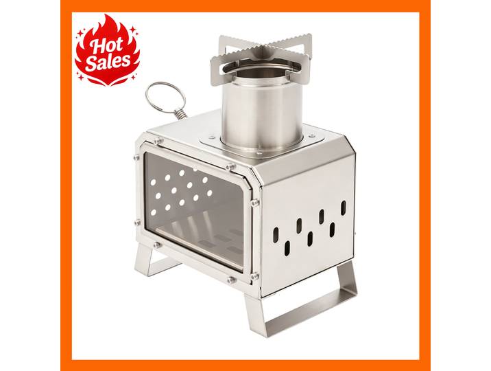 Réchaud de camping extérieur à bois en acier inoxydable avec fenêtre en verre, aération efficace, durée de combustion de 30 minutes, durable, antirouille, portable avec sac de transport pour la