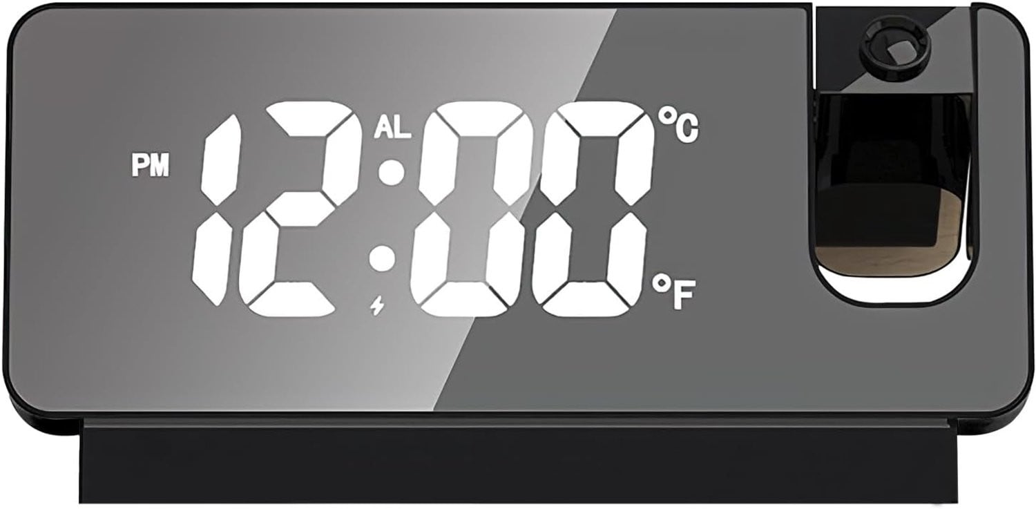 Zwarte Projectorwekker met Spiegel Display, 180° Draaibare LED Projectieklok, Digitaal met Temperatuur en Luchtvochtigheid, USB-voeding