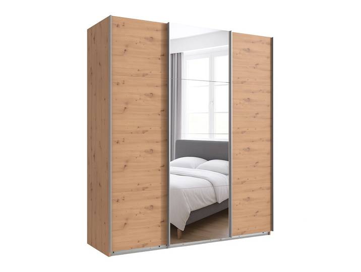 Schwebetürenschrank Kleiderschrank B180 cm H208 cm 3-türig Eiche Artisan Dekor, 1x Spiegeltür / 22513