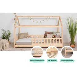 TiCAA Kinderbett Hausbett "Kay" 90x200 Kiefer natur