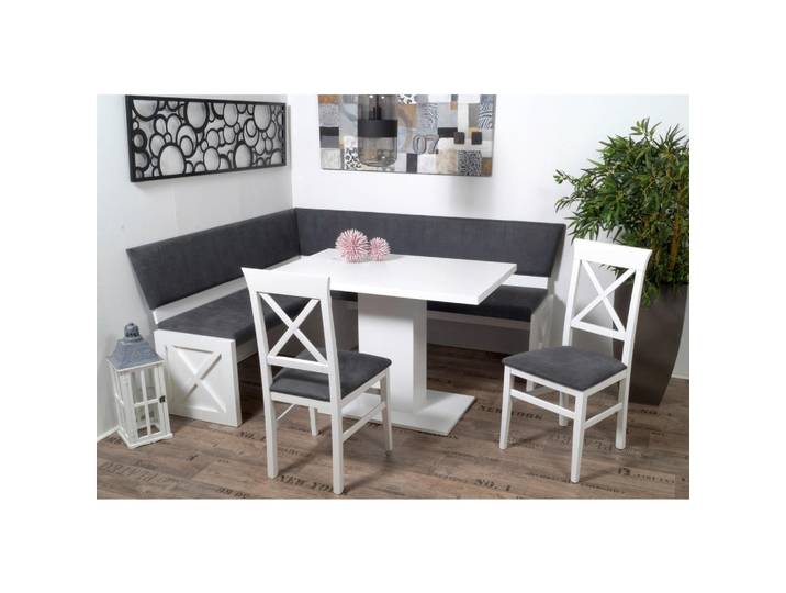 P & B Eckbankgruppe Madrano, Weiß, Grau, Buche, massiv, eckig, 185x87x150 cm, Holzmöbel, Sitzgelegenheiten Holz, Holzbänke