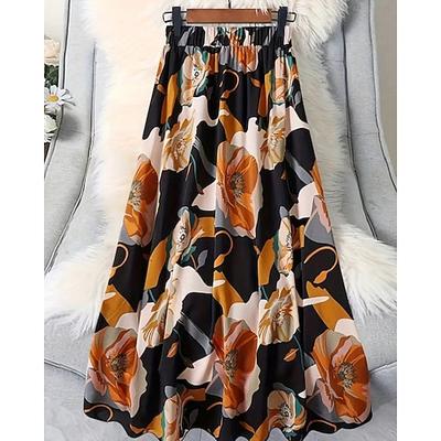 Damen Lässig Maxi Hohe Taille Röcke Blumen Blumen Dehnbar Täglich Date Schwarz Sommer Polyester