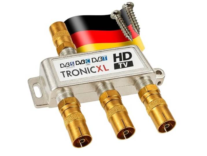 TronicXL Premium 3-voudige coax antenneverdeler HD 3D 4K verdeler zachte splitter voor DVBT DVBT2 DVBC SAT Unicable kabeltelevisie Unitymedia Vodafone Sky kabel Duitsland Primacom kabeltelevisie HDTV
