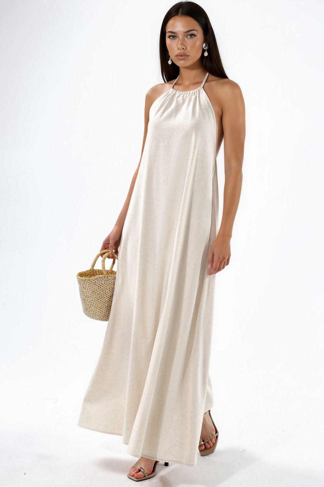 Leinenmischung Neckholder-Maxikleid