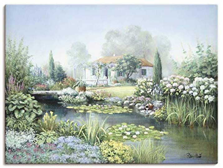 ARTLAND Wanddeko Leinwand Bilder Wandbild 80x60 cm Natur Landschaft Garten Teich Blumen Pflanzen Malerei Kunst L0ZS
