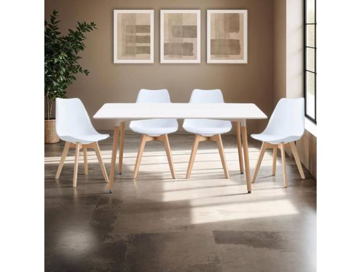 Ensemble table rectangulaire de repas + 4 chaises blanches - SCANDI