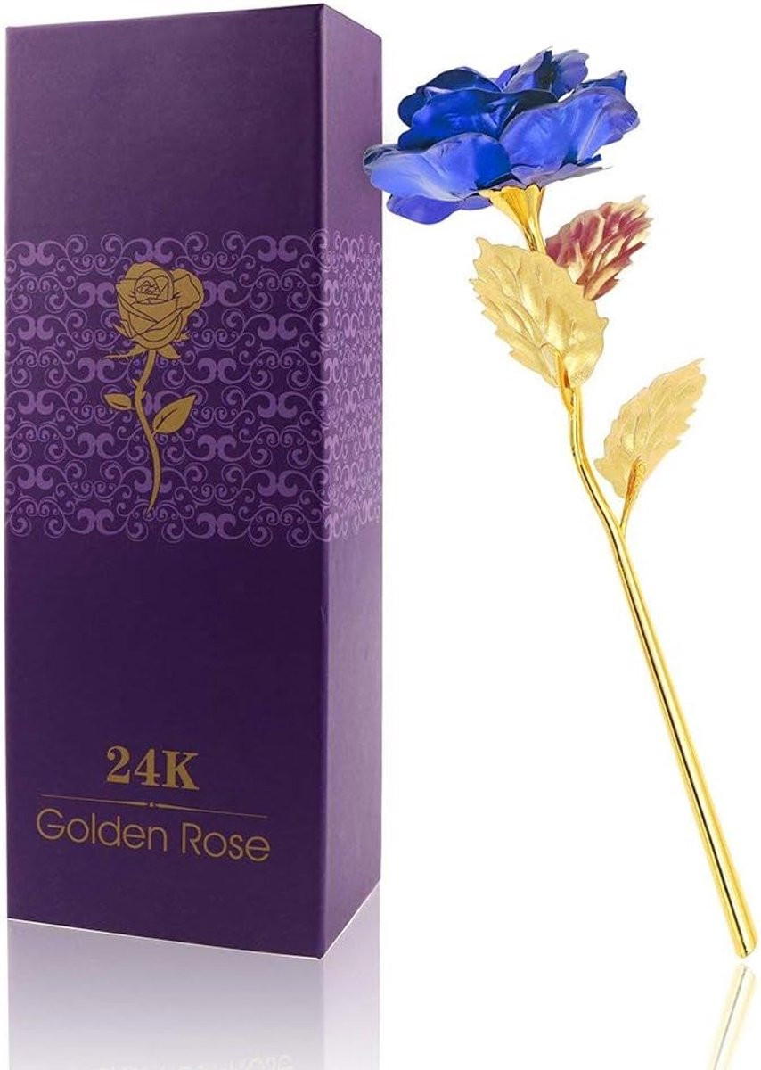 Gouden Roos Kunstbloem Blauw met Standaard - 25 cm