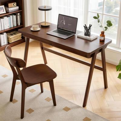 Solid Rubber Wood Computer Desk, Retro Walnut Writing Desk with Drawer, Sturdy A-Frame Leg