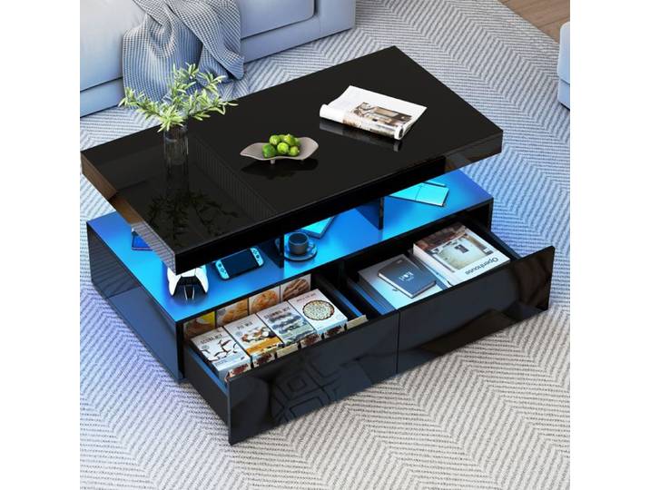 Table Basse Moderne avec LED et 2 Tiroirs Table d'appoint Rectangulaire Salon Table Salon Basse Haute Brillance Moderne Noir