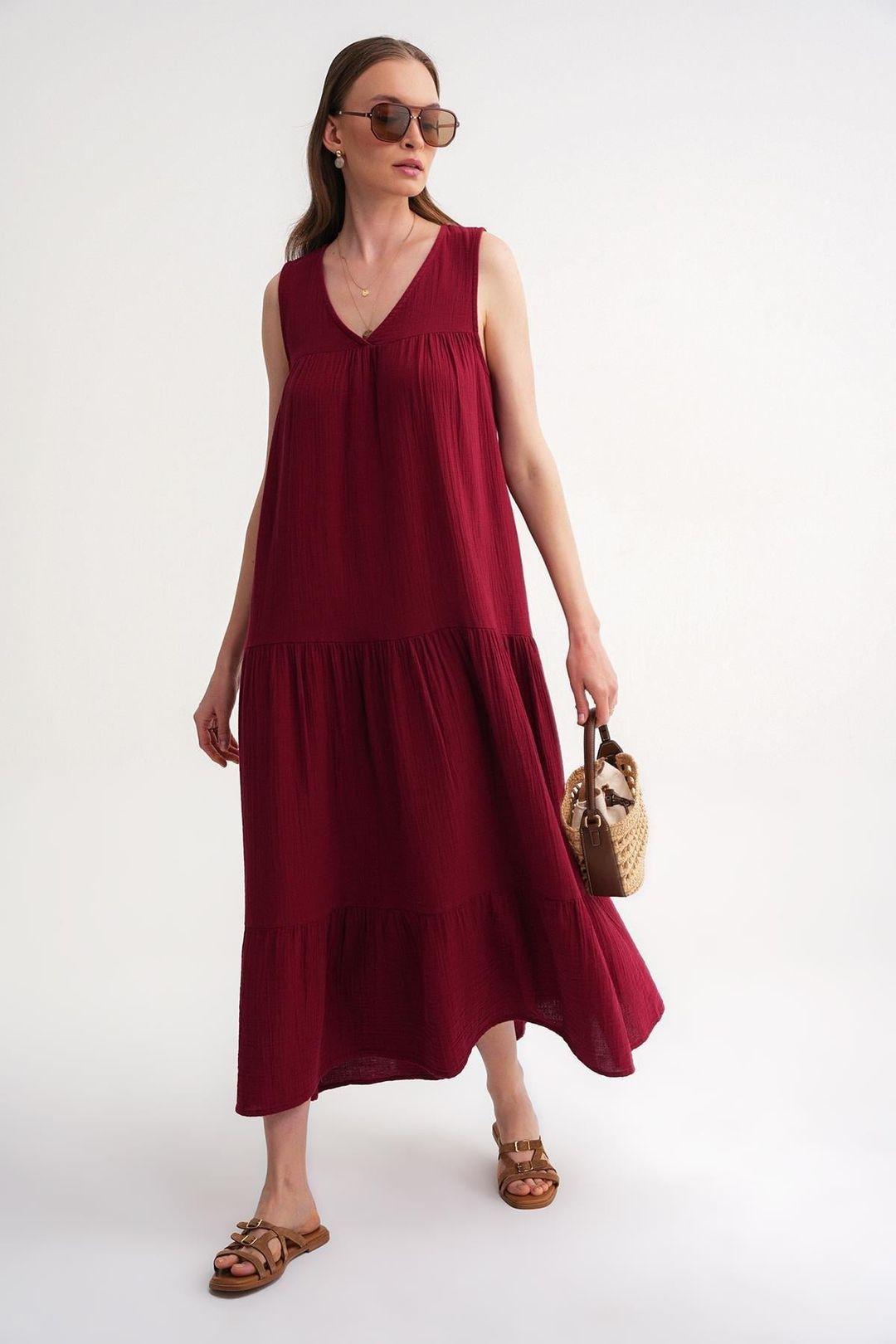Ärmelloses V-Ausschnitt Musselin-Midikleid mit Taschen