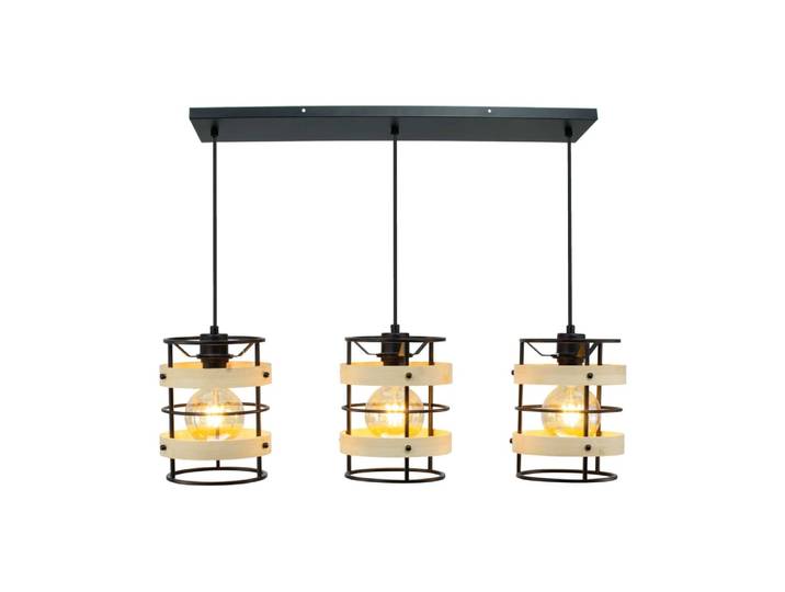 Suspension 3 lumières en métal noir et bambou naturel