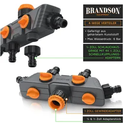 Brandson, Schlauchanschluss + Schlauchverbinder, 4x 4-Wege Verteiler mit 2x45°-Ausgang, Gartenschlauch Wasserverteiler, 3/4 & 1/2 Zoll (19.05 mm)