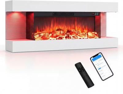"Costway 3-Sided White Wall Mount Electric WiFi Fireplace with Floating Mantel and 12 Flame Ambient Colors-40"""