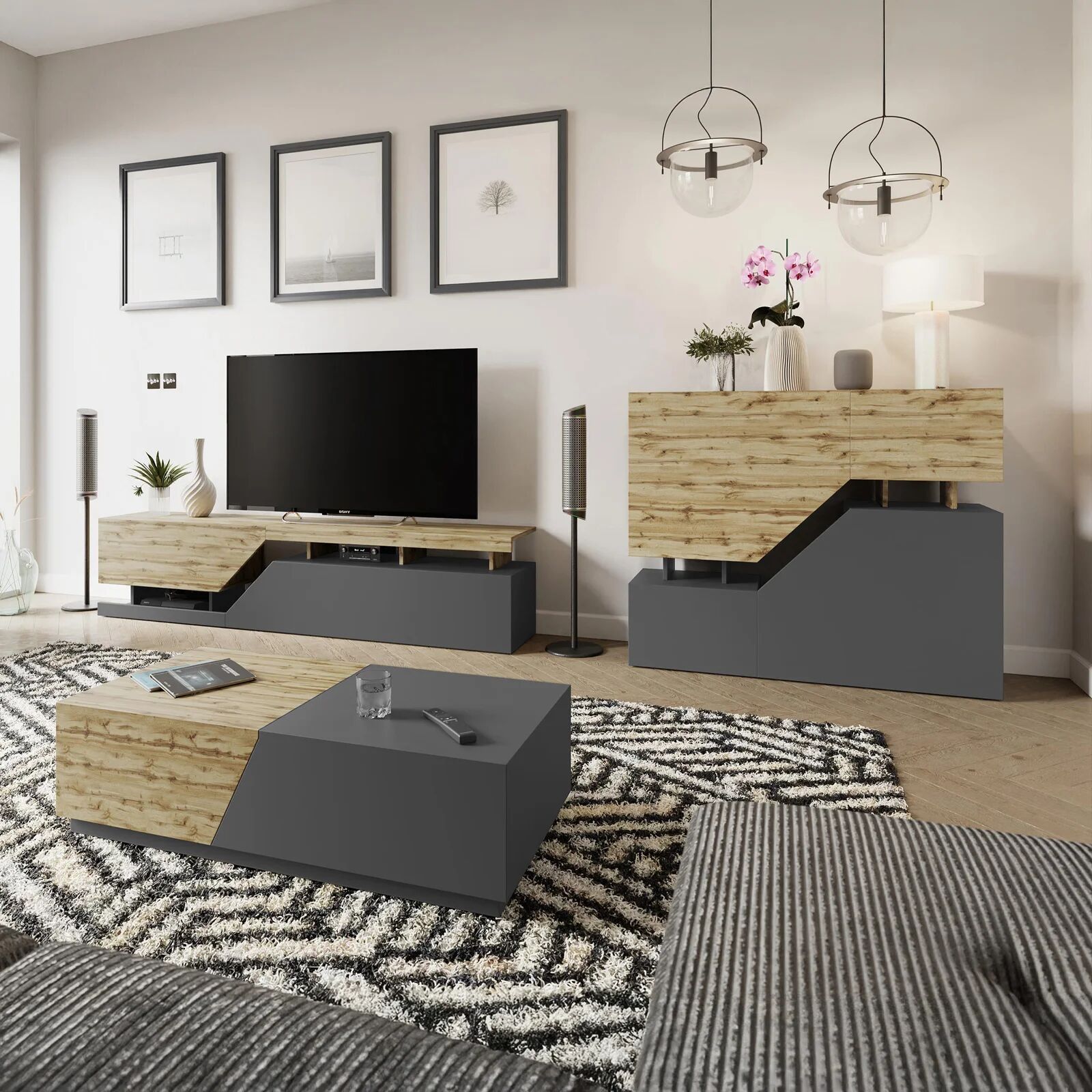 garneroarredamenti Set mobili soggiorno completo rovere antracite Modesta