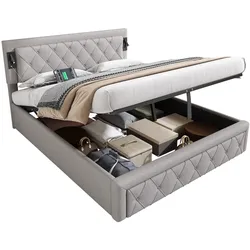 Polsterbett 160x200 cm mit Stauraum, LED Downlight Beleuchtung, USB Ladefunktion, hydraulischem Bettkasten, Holzlatten und Leinen Kopfteil grau