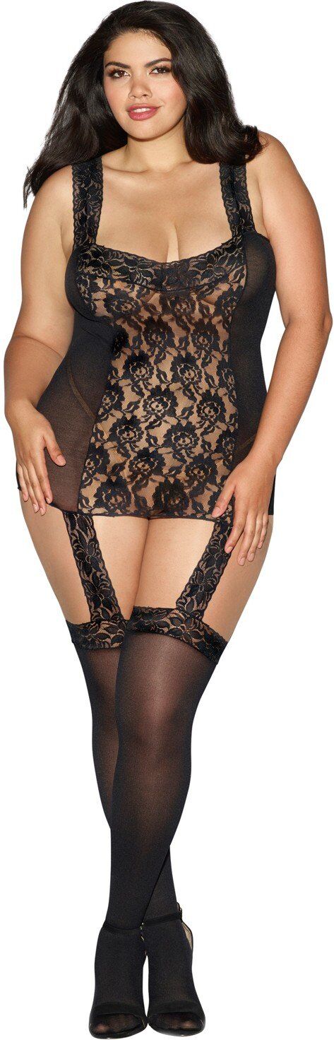 Dreamgirl Bodystocking grande taille dentelle effet guêpières large décolleté et bas sexy - DG0144XBLK