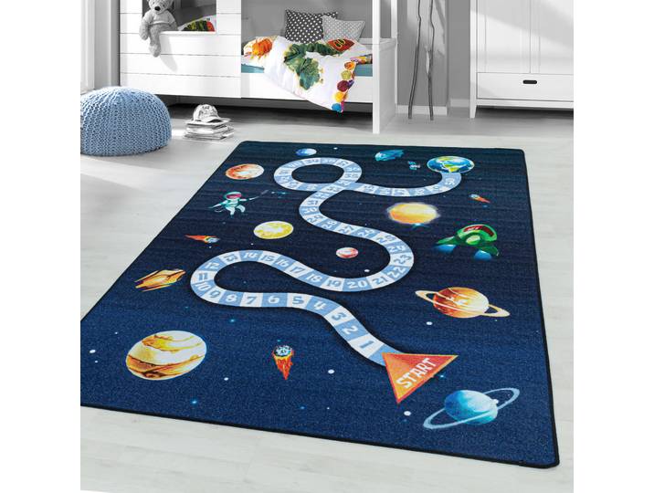 Kinderteppich AYYILDIZ TEPPICHE PLAY 2910 , blau (navy), B:140cm H:6mm L:200cm, Polyamid, Teppiche, Kinderteppich, robuster Kurzflor, Weltall, Zahlen Spiele Hüpf Teppich, Kinderzimmer