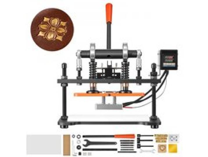 VEVOR Beheizte Lederschneidemaschine 260x120 mm Lederdruckmaschine 1,5 t, zum Lederprägen & Stanzen 12 mm Hub Zwei Führungswellen Digitales Bedienfeld 26 Kupferbuchstabenstempel 50 Heißprägefolien