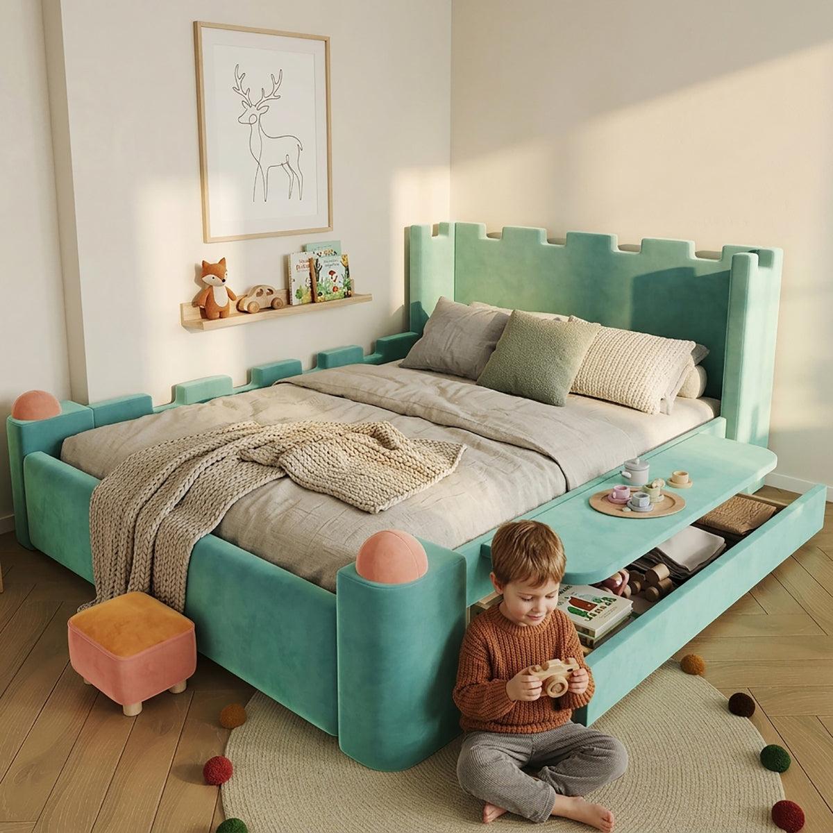 Kinder Polsterbett Doppelbett 140x200 cm, Burg-Design mit klappbarer Seitenablage und Schublade, Samt Blau-Grün, ohne Matratze