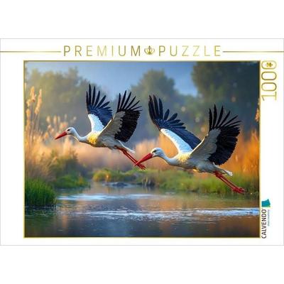 CALVENDO Puzzle Zwei Störche ziehen elegant ihre Kreise über dem glitzernden See | 1000 Teile Lege-Größe 64x48cm Foto-Puzzle für glückliche Stunden,