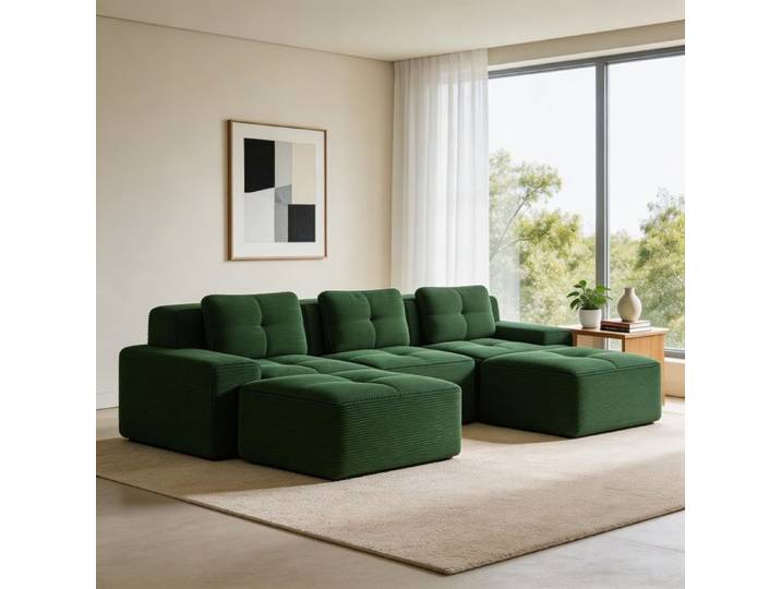 Canapé modulable 3 places - Cloud - tissu corde vert - mousse 32D - modulable avec pouf