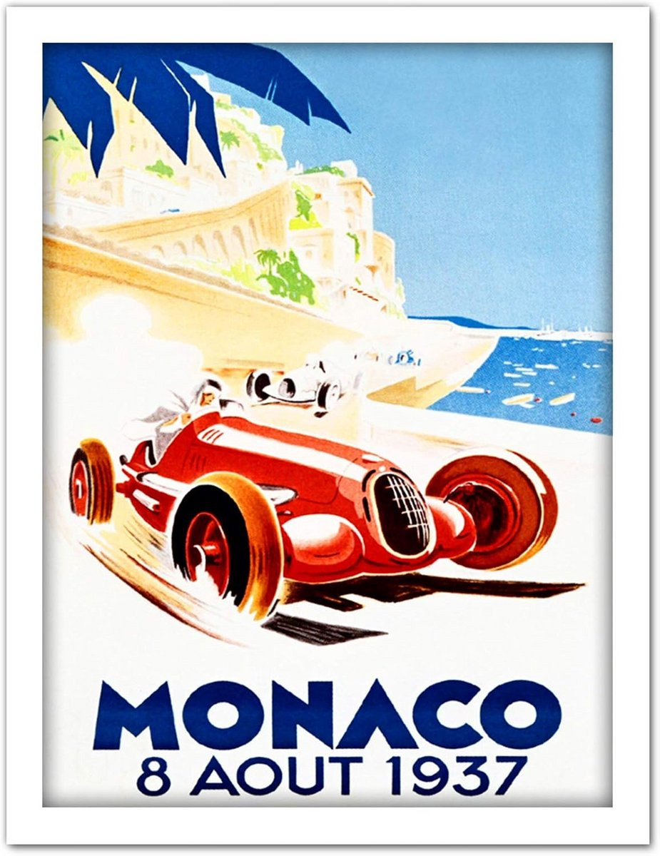 Ingelijste Kunstprint Raceauto Monaco Grand Prix 1937 Wanddecoratie 46 x 61 cm