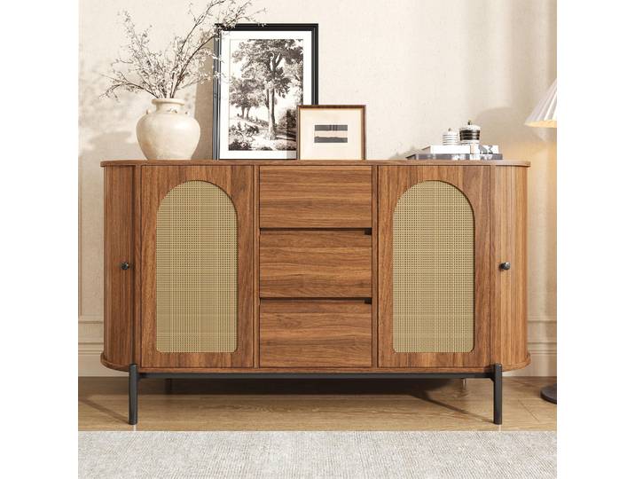 Merax Oval Sideboard mit Rattan-Türen + Schiebetüren, Kommode mit Schubladen und Metallbeine, Wohnzimmerschrank mit verstellbare Fächer, Walnuss