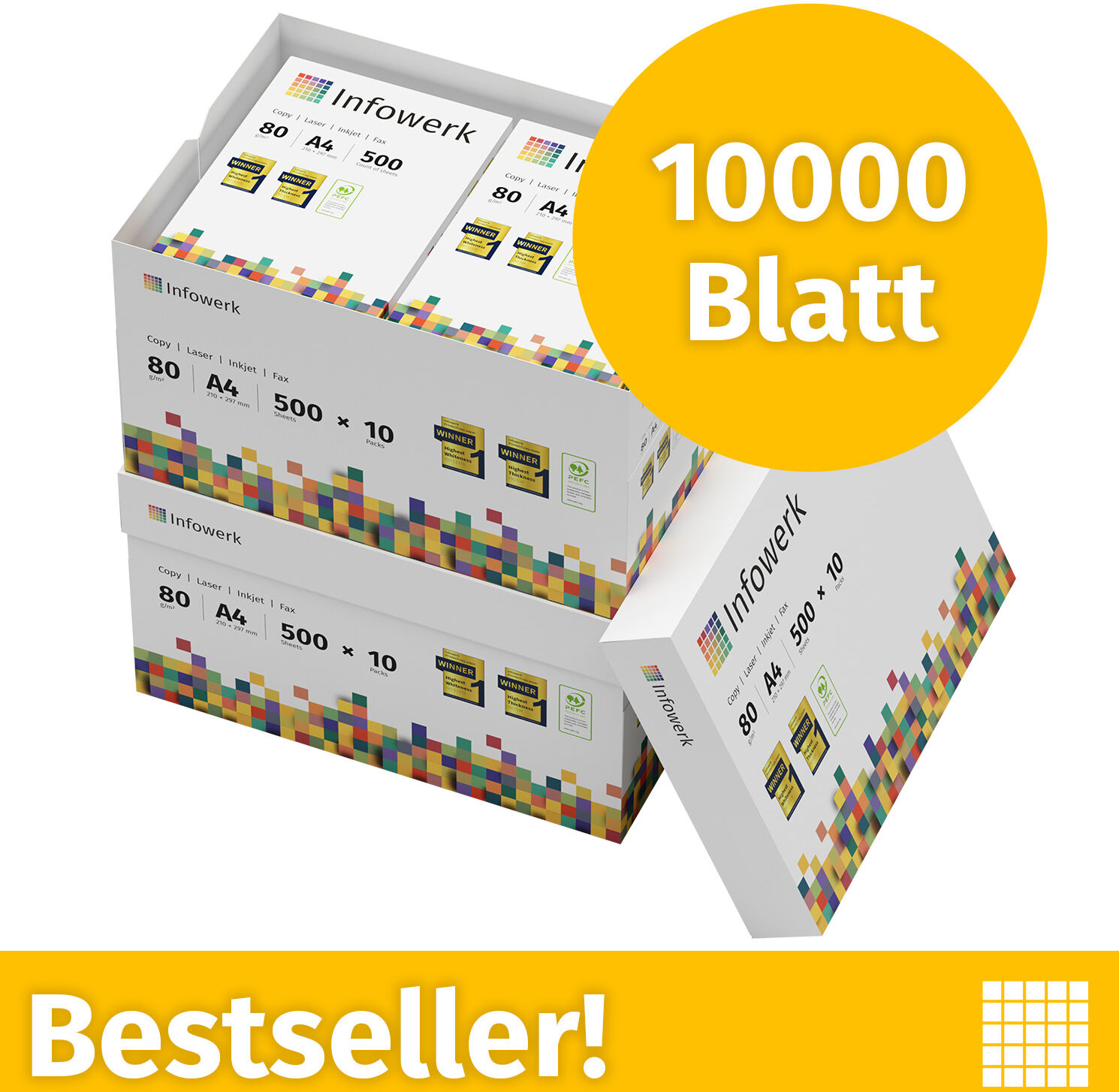 Infowerk Druckerpapier Kopierpapier 10000 Blatt 20 x 500 A4 Premium Hochweiß CIE 160 Testsieger PEFC zertifiziert