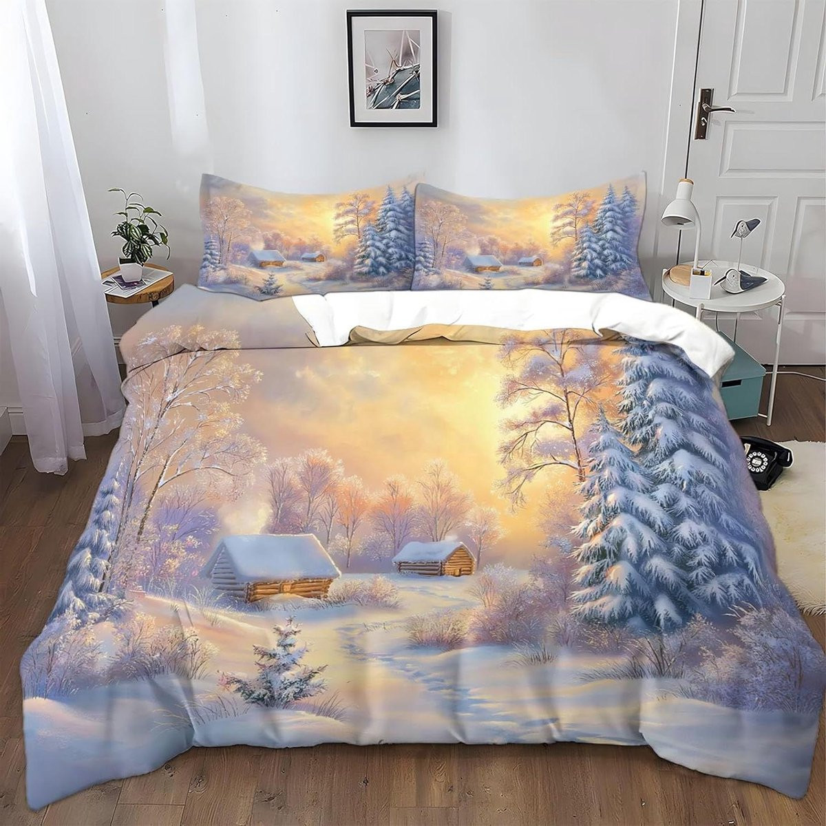 Wit Dekbedovertrek Set met Olieverf Landschap Decoratie, 220 x 230 cm