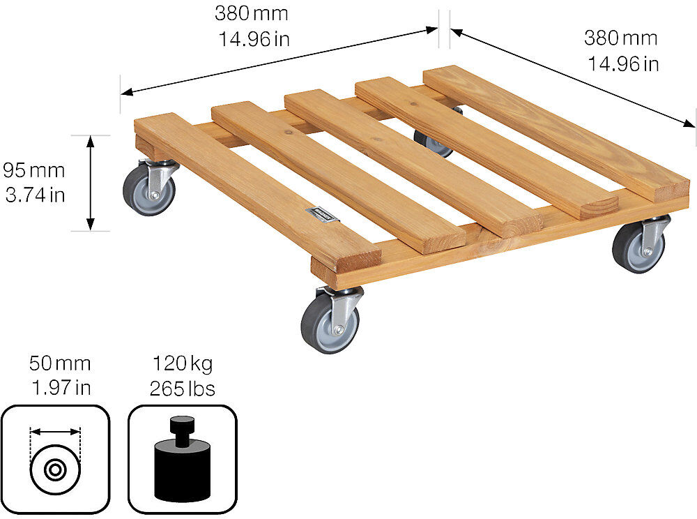 Pflanzenroller Holz PALETTI, Tragfähigkeit 120 kg, VE 2 Stk, LxB 380 x 380 mm, ocker Wagner