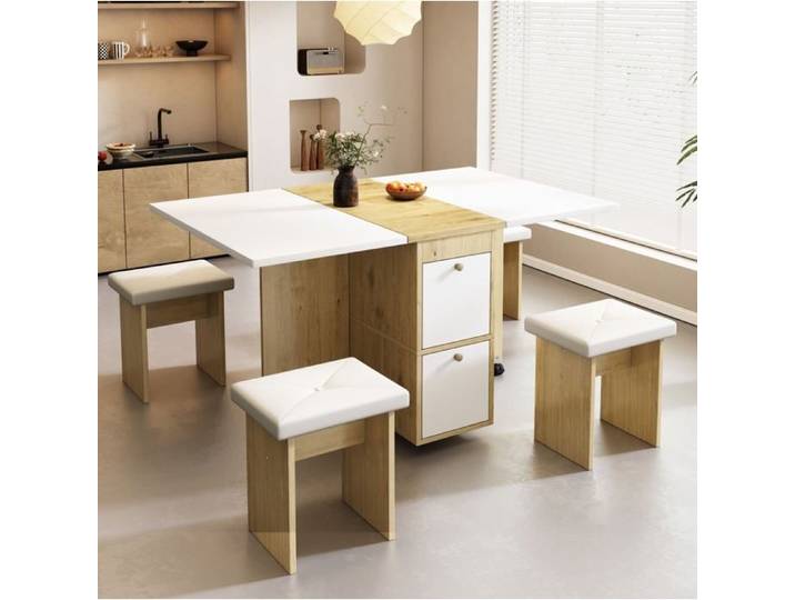 Ensemble de table à manger 4 personnes table pliante 120x80x75 cm 4 chaises blanc et chêne