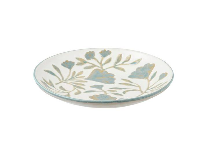 Dekoschale Tray, Weiß, Hellblau, Keramik, Blume, rund, 35.5x5x35.5 cm, handgemacht, Dekoration, Dekoschalen