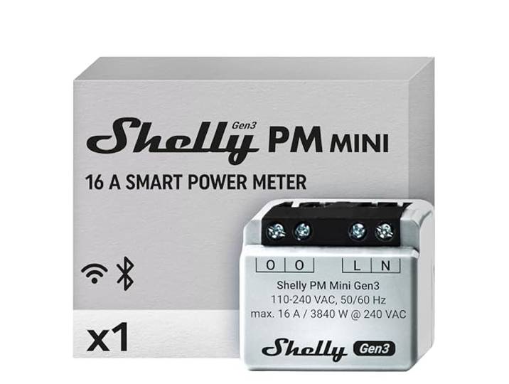 Shelly PM Mini Gen3 – Slimme Wi-Fi Energiemeter│ 1 Kanaal – 16A│ Energieverbruik op Afstand via App│ Bluetooth Gateway│ 8 MB Geheugen│ Scripts│ URL-acties