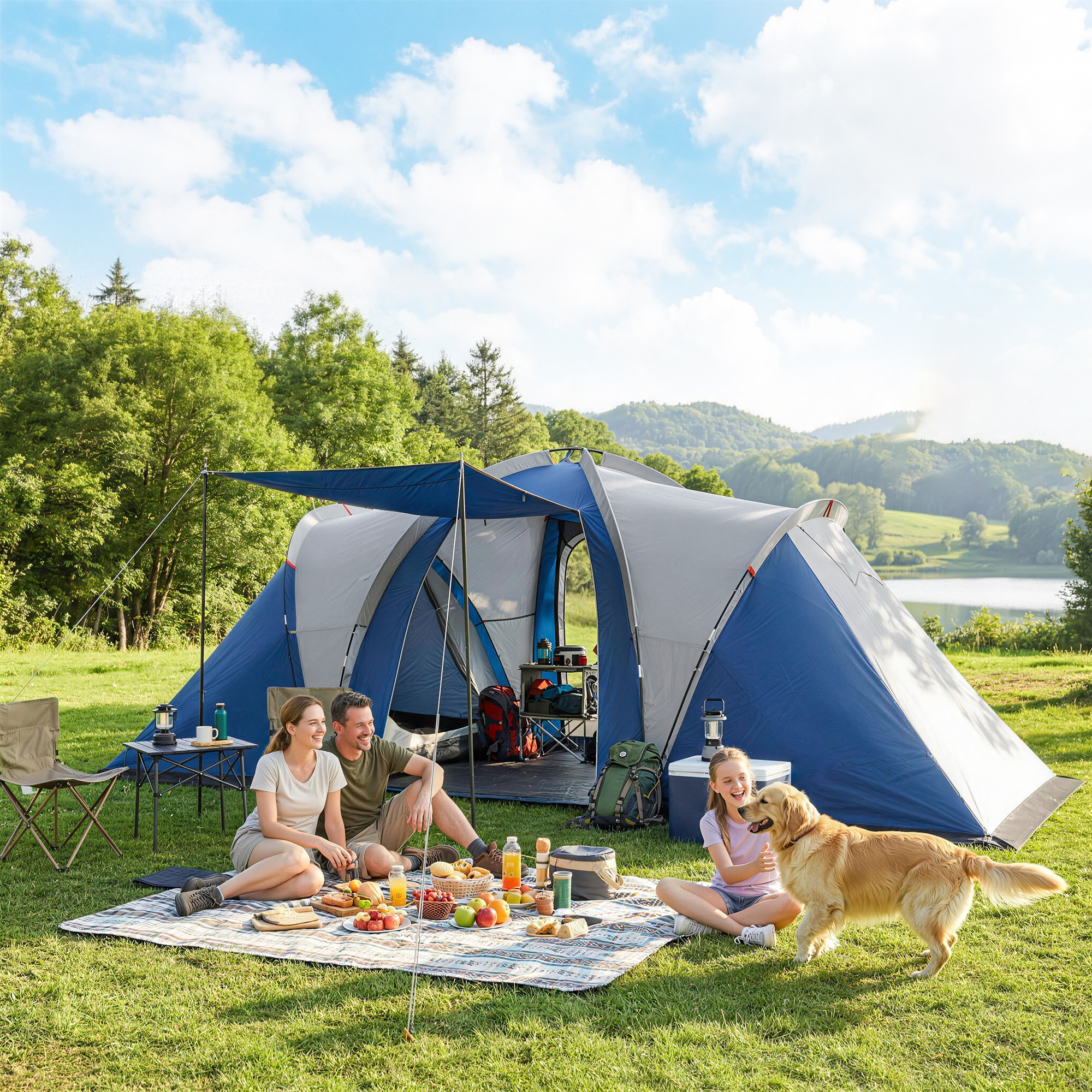 Outsunny Tenda tunnel doppio strato 4-5 persone con 2 camere, Blu   Aosom Italy