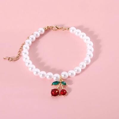 Inspired Finds Princess Pearl Cherry Bow Pet Necklace Collar For Cats & Small Dogs red xs
