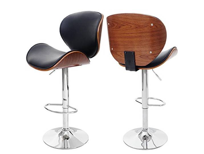 Mendler Barhocker Foxrock - Walnuss-Optik, Kunstleder schwarz Barstuhl, Holz, Bugholz, Retro-Design