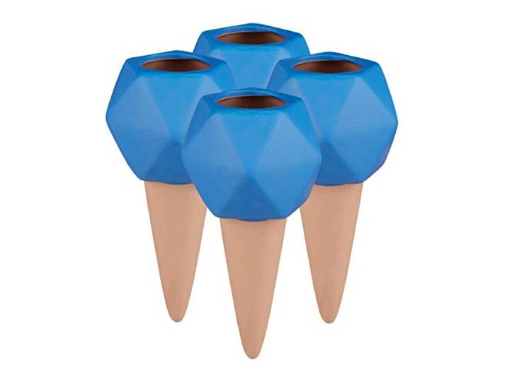 Relaxdays Cône d’arrosage en Argile\, Lot de 4\, Boules pour Bouteilles d’1\,5 l\, Accessoire en céramique\, Terre Cuite/Bleu