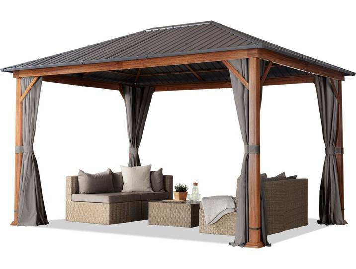 Tuinpaviljoen 3x4 m houtoptiek stalen dak hardtop 4 zijwanden grijs