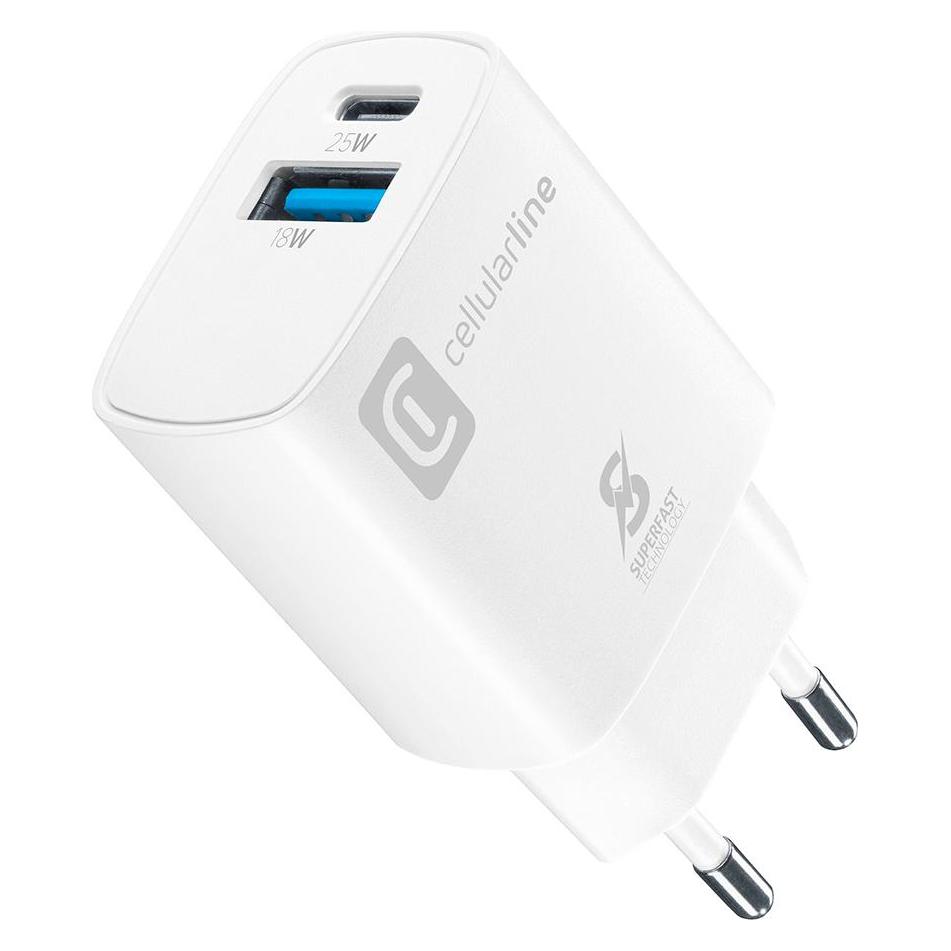 Cellularline Dual Port Travel Charger Samsung PD 25W White (25 W, 2 Ports) (ACHSM2USBPD25WSMLW)