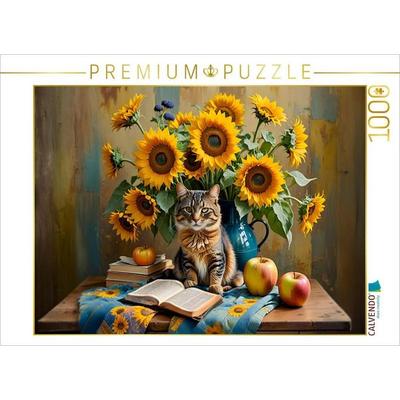 CALVENDO Puzzle Katze mit üppigem Sonnenblumenstrauß | 1000 Teile Lege-Größe 64x48cm Foto-Puzzle für glückliche Stunden