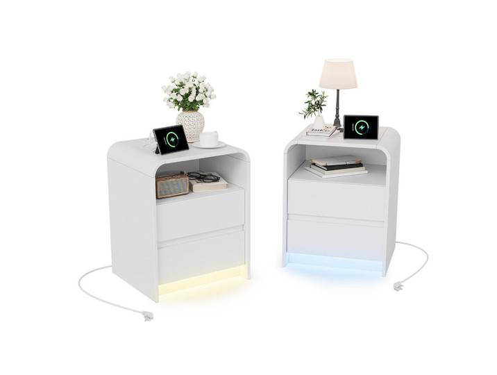 Shopentra Nachttisch 2er Set Weiß RGB LED USB Ladefunktion mit Schubladen Modern, 40x57x45 cm, Schlafzimmer, Nachtkästchen