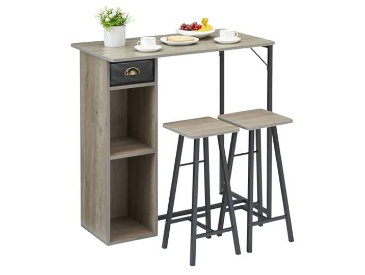 Zstar Platzsparendes 3-teiliges Esszimmer-Set für 2 Personen – Kleines Esstisch-Set mit Stauraum, Schublade & Regal, 2 Barhocker – Für kleine Küchen & Apartments – Modernes Design – Grau